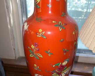 Vintage Chinese-style porcelain vase in coral-red with a floral motif