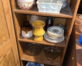 Collection of English made vintage teapot, dishes and other porcelains in wooden hutch
