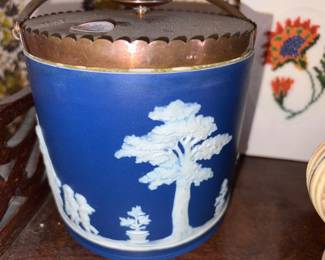 Wedgwood cobalt blue Jasperware biscuit barrel