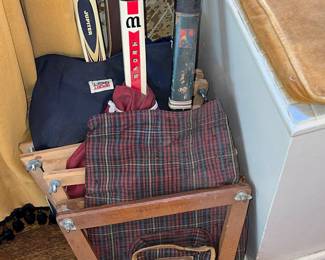 Vintage wooden folding golf cart with vintage golf clubs and bag