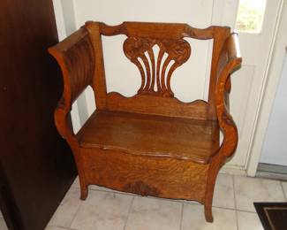Antique Carved Quarter Swan Oak Hall Bench/Box Seat