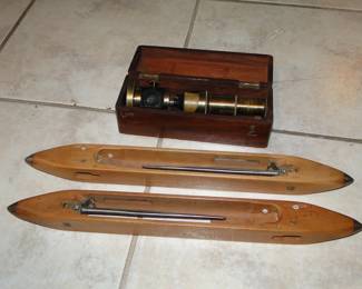 Weaving shuttles, antique brass microscope