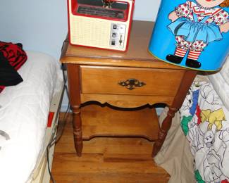 End Table, Red vintage radio, Raggedy Ann trash can