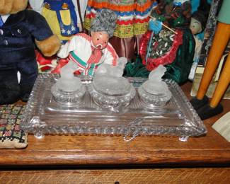 Vintage Glass inkwell or desk/dresser set