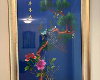 Japanese Blue Silk Artwork in Frame
