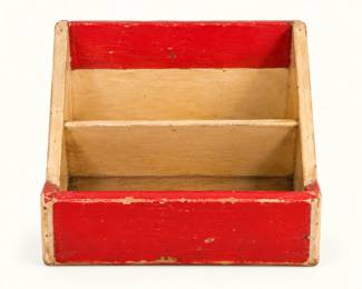 Rustic Wooden Desk Organizer ◆ Open-top wooden storage box with divided compartments, natural wood interior, and distressed red-painted front and back panels.