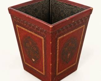 Decorative wastebasket ◆ Reddish-brown finish with ornamental panels and patterned interior.
