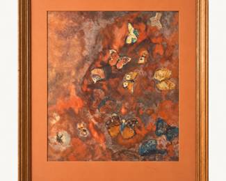 Framed Butterfly Artwork ◆ Butterflies against an abstract background in rust, brown, gold, and blue tones, with an orange mat and wood frame.