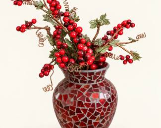 Red Mosaic Glass Vase ◆ Rounded decorative vase with red mirrored mosaic pieces, filled with artificial red berry branches, greenery, and curled accents.