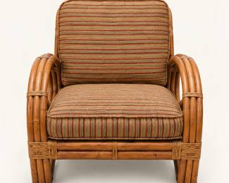 Rattan Armchairs ◆ Matching curved frames with striped cushions. Although only 1 is showing, there are two of these 