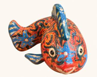 Colorful Talavera-Style Ceramic Fish ◆ Hand-painted folk-art design in vivid blue, orange, yellow, and red with large open mouth. Decorative pottery with visible wear.