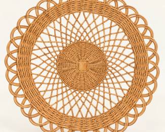 Round Woven Rattan Basket ◆ Natural honey-colored finish with open latticework, circular center, and decorative scalloped looped rim.