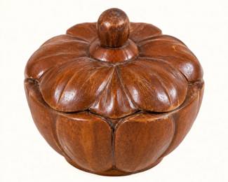 Carved Wooden Trinket Box ◆ Round wooden keepsake container with sculpted petal design, removable floral-shaped lid, and rounded knob. Rich brown finish.