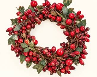 Red Berry Wreath ◆ Rustic grapevine wreath featuring clusters of red berries and green foliage. Seasonal wall or door decoration.