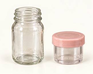 Storage Containers ◆ Clear glass jar and a small clear container with a pink lid.