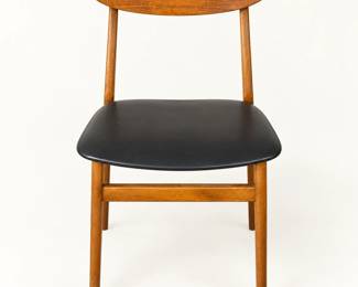Wooden side chair ◆ Curved backrest, warm wood finish, and black padded seat.