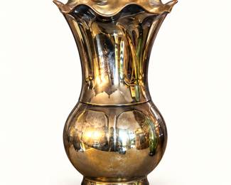 Decorative gold-tone vase ◆ Scalloped rim, curved silhouette, and reflective metallic finish.