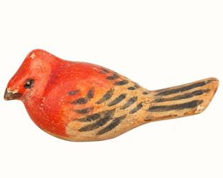 Hand-Painted Bird Figurine ◆ Rustic red and tan bird with black feather detailing, elongated tail, and distressed folk-art finish.
