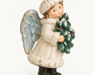 Christmas Angel Figurine ◆ Winter angel holding a decorated Christmas tree, wearing a white coat and hat with pale blue wings. Distressed finish.