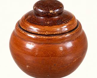 Vintage Brown Glazed Stoneware Jar ◆ Rounded pottery storage jar with matching knobbed lid and rich brown glaze. Rustic kitchen or decorative piece.