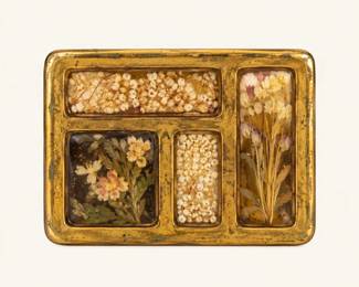 Vintage Pressed Flower Keepsake ◆ Rectangular gold-tone decorative piece featuring four compartments of preserved botanical arrangements beneath clear panels.