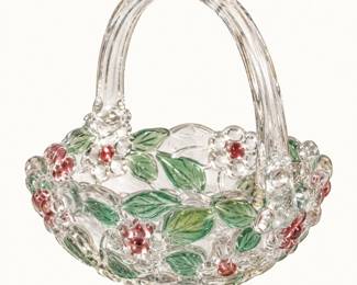 Decorative Glass Basket ◆ Clear glass basket with arched handle, raised floral detailing, green leaves, and pink accents.