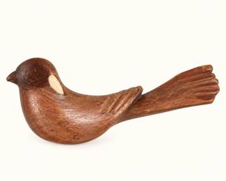 Carved Wooden Bird Figurine ◆ Rustic brown finish with detailed wings, extended tail, and contrasting light-colored accents.
