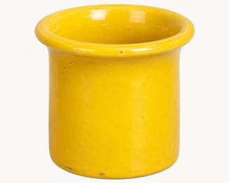 Yellow Glazed Ceramic Crock ◆ Bright yellow pottery container with wide rolled rim and cylindrical shape. Minor age-related wear.