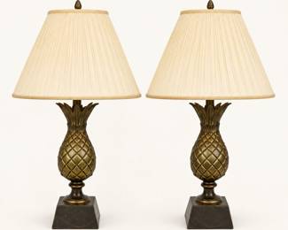 Pineapple Table Lamps ◆ Matching pair with pleated cream shades.