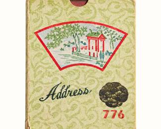 Vintage Address Book ◆ Decorative green patterned cover with colorful cottage illustration and number 776. Shows age-related wear.