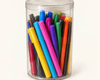 Colored Markers ◆ Assorted colors in a clear cylindrical storage container with lid.
