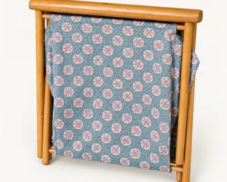 Folding Sewing Basket ◆ Wooden frame with a blue-and-pink floral fabric storage pouch.