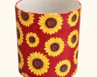 Sunflower Decorative Container ◆ Cylindrical container featuring bright yellow sunflowers against a deep red background. Rustic country-style decorative accent.
