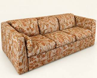 Patterned sofa ◆ Three-seat design with squared arms and textured upholstery in cream, rust, and brown.