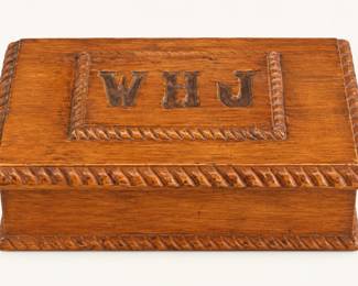 Carved Wooden Keepsake Box ◆ Rectangular wood box featuring rope-style carved borders, warm brown finish, and raised lid panel with WHJ initials.