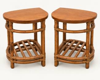 Rattan End Tables ◆ Matching pair with wood tops and lower shelves.
