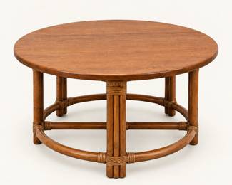 Round Coffee Table ◆ Wood top with a rattan base.