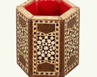 Decorative Mosaic Inlay Holder ◆ Hexagonal wooden holder featuring intricate black-and-cream geometric inlay and red interior. Vintage-style desk accessory.