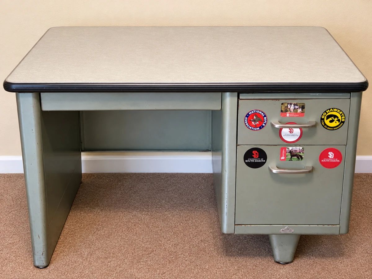 Vintage All Steel Industrial Desk with University Stickers
