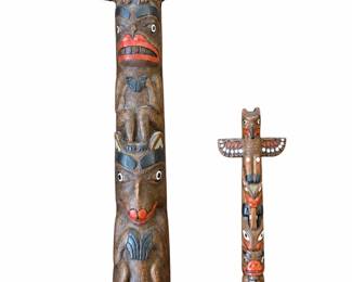 Carved Wooden Totem Pair on White