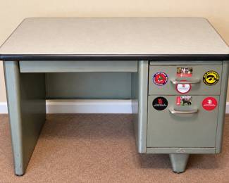 Vintage All Steel Industrial Desk with University Stickers