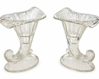 Paired Clear Glass Cornucopia Vases