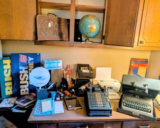 Antique adding machine, vtg globe and typewriter 