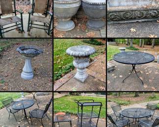 Outdoor furniture and many concrete planters 