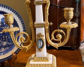 $1250 Antique !800s French Bronze Onyx Stone 2 light Candelabra with Limoge Enamel 