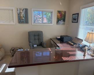 Office desk, chair, supplies