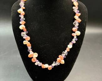 Pearl and gemstone necklace with sterling silver clasp