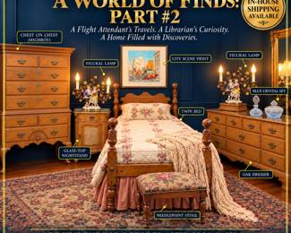 Twin Bedroom Furniture, Turned Wood Bed Frames, Vintage Twin Beds, Wooden Bedsteads, Oak Bedroom Dresser, Thomasville Country Manor, Chest on Chest, Vintage Highboy, Glass Top Nightstand, Antique Nightstand, Carved Wooden Furniture, Brass Drawer Pulls, Needlepoint Footstool, Floral Upholstered Stool, Vintage Bedroom Décor, Blue Crystal Vanity Set, Crystal Perfume Bottles, Vintage Bedside Clock, Xanadu Quartz Clock, Framed Cityscape Print, Antique Portrait Engraving, Vintage Figural Lighting, Floral Mattress Pattern, Hand Crocheted Bed Throw, Vintage Bedroom Accessories, Traditional Bedroom Design, Estate Bedroom Collection, Classic Wood Furniture, Home Decorating Finds, Estate Furniture Auction