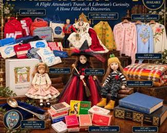 Zwergnase Dolls, Brenda Mize, Maggie Iacono, Dianna Effner, Limited Edition Dolls, One of a Kind Dolls, Collectible Artist Dolls, Western Airlines, Pan Am Memorabilia, Vintage Airline Bags, Airline Advertising Cards, Flight Attendant Memorabilia, Aviation Collectibles, Vintage Travel Souvenirs, Pendleton Blanket, Dalton Cashmere, Embroidered Cardigans, Peggy Nisbet Dolls, British Royal Family Dolls, Coronation Memorabilia, Russian Cloisonné Spoon, Silver Enamel Collectibles, Ernest Hemingway Books, Vintage Literature, Original Doll Boxes, Doll Certificates, International Travel Collectibles, Airline History, German Artist Dolls, Collectible Fashion Dolls
