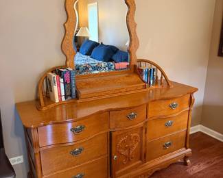 Antique bedroom suite by Lexington.  This triple dresser includes mirro with center storage